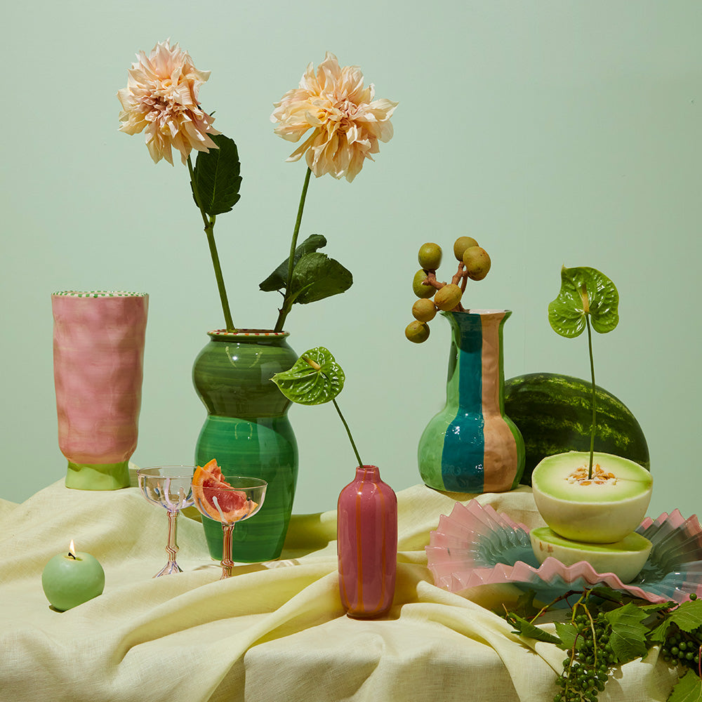 Ceramic Salvador Vase in green with flared shape and striped pattern