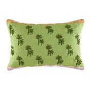 Green embroidered cushion with palm trees on textured cotton base