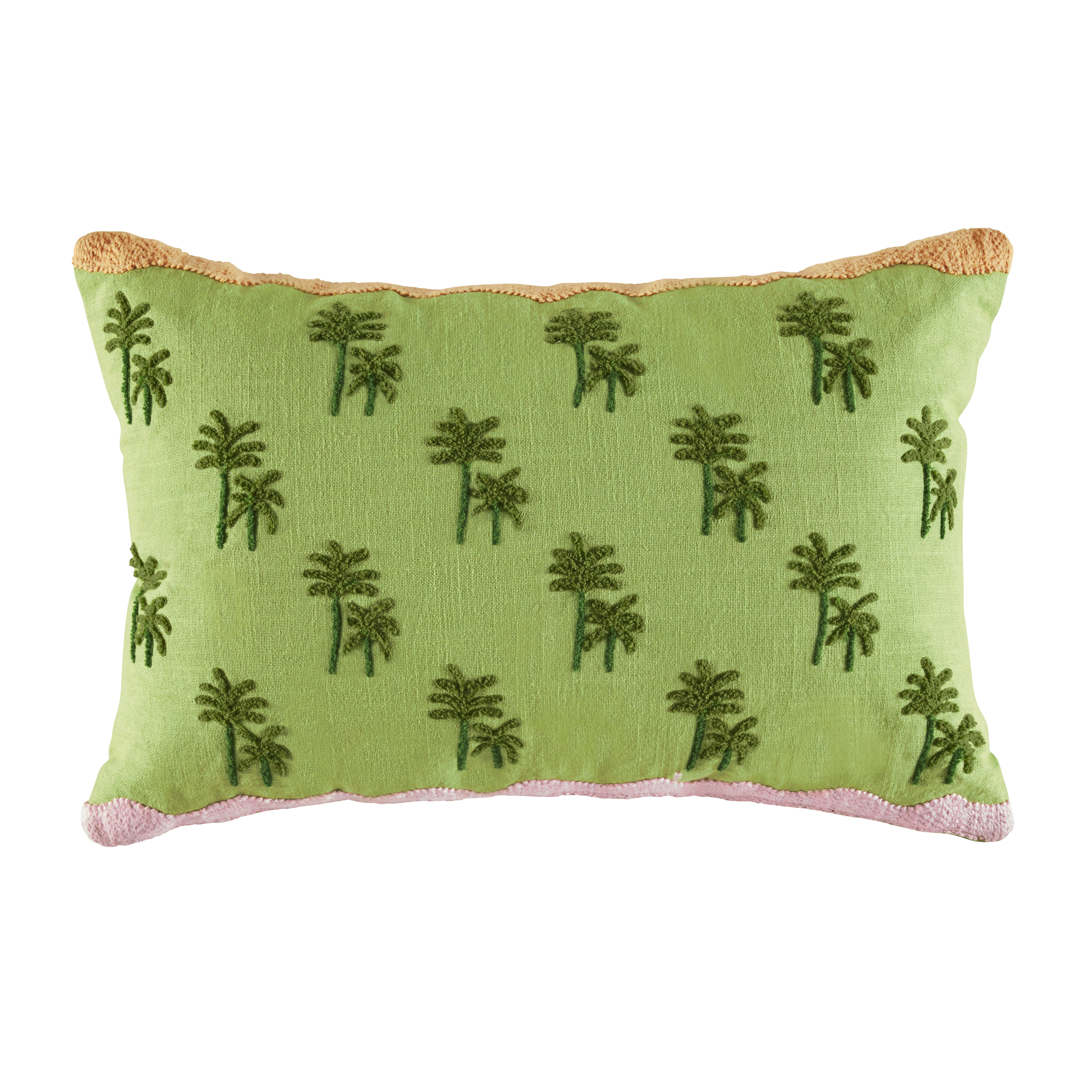 Green embroidered cushion with palm trees on textured cotton base