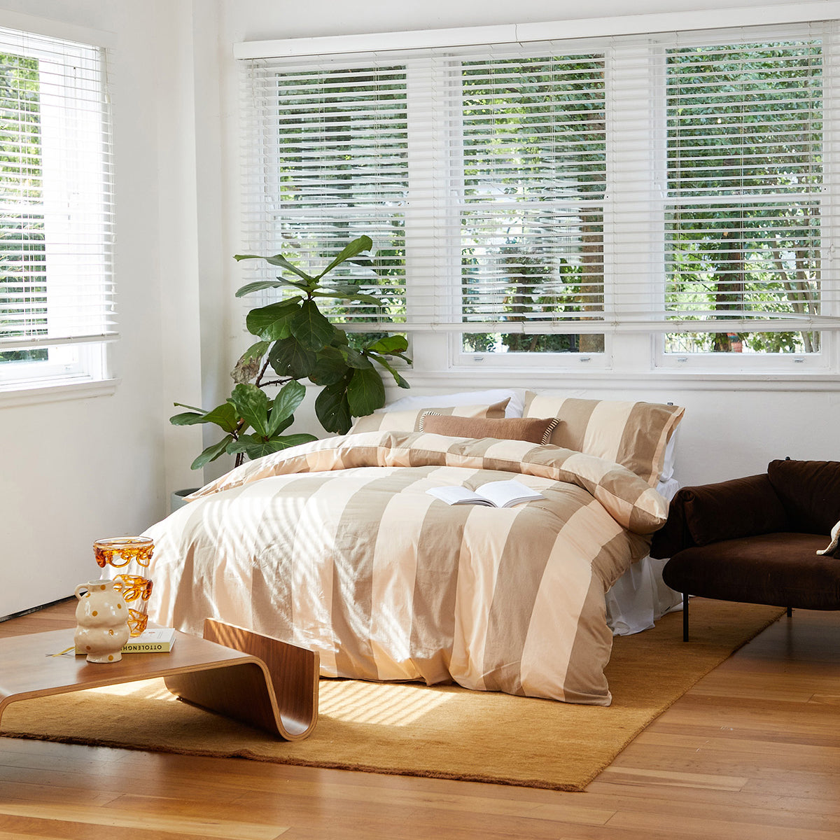 Breeze Blush Quilt Cover Set, flat lay with bold stripes and soft blush tones