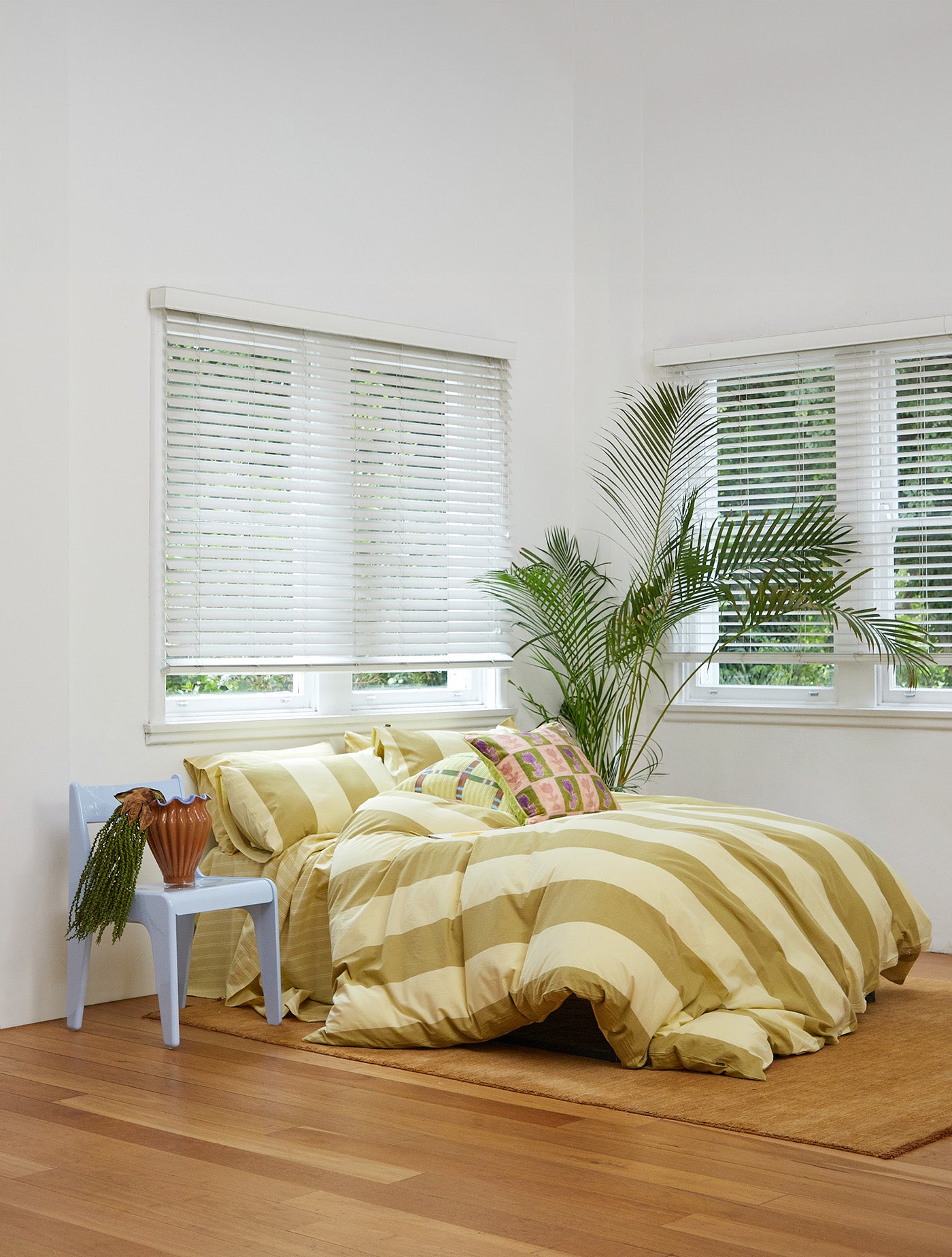 Breeze Lime Quilt Cover Set, lime green striped quilt with pillowcases, front view