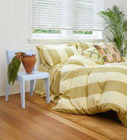 Breeze Lime Quilt Cover Set, lime green striped quilt with pillowcases, flat lay