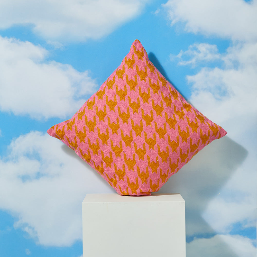 Pink crewel embroidered cotton cushion with bold oversized check motifs on soft cotton canvas