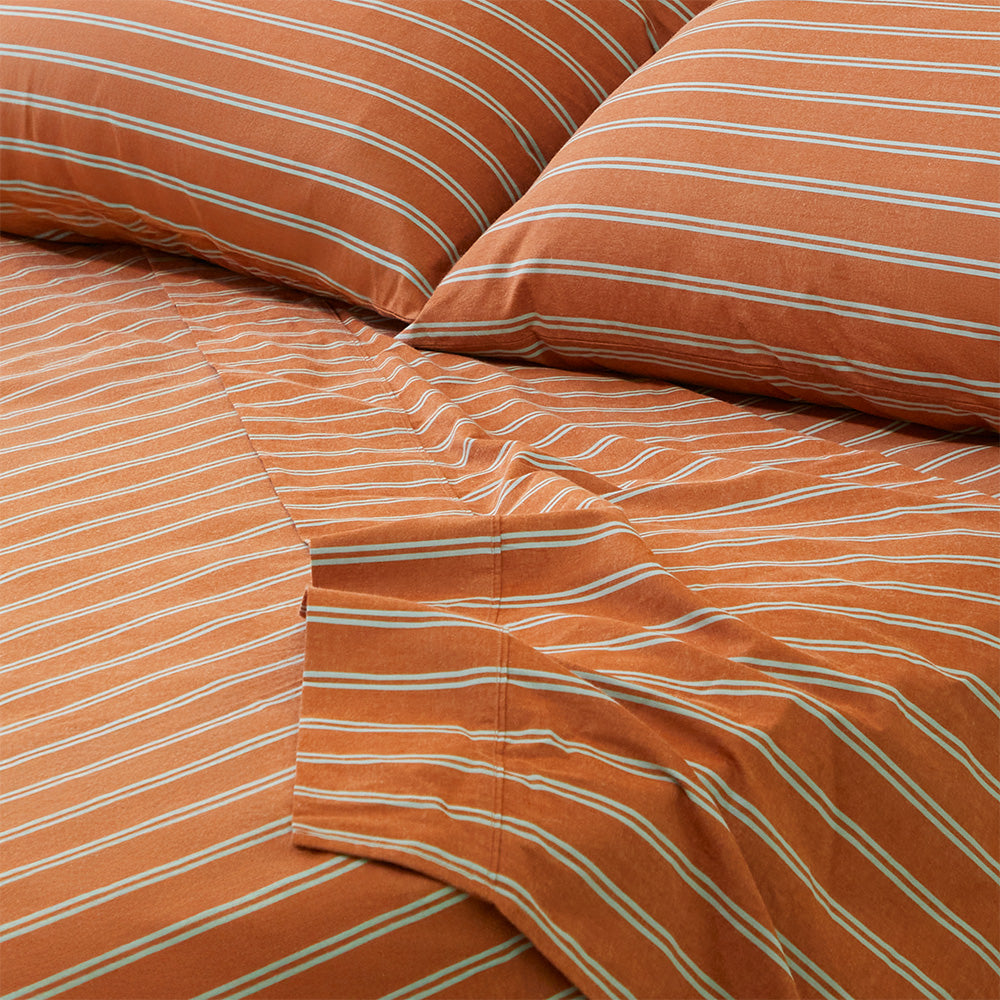 Pinstripe Rust Sheet Set, close-up of subtle pinstripe pattern
