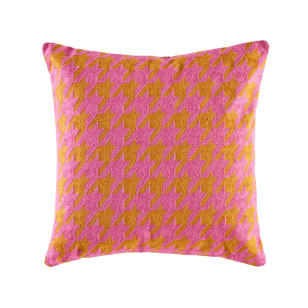 Pink crewel embroidered cotton cushion with bold oversized check motifs on soft cotton canvas